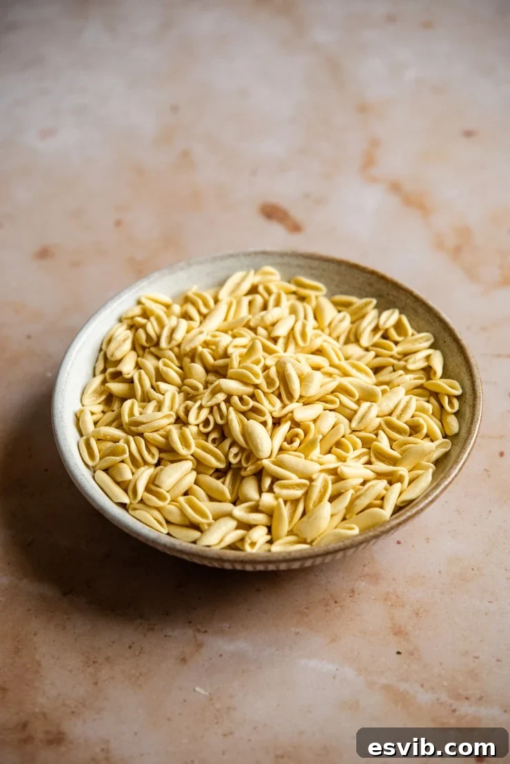 A close-up view of uncooked cavatelli pasta, showing its distinctive 'little hollows' shape
