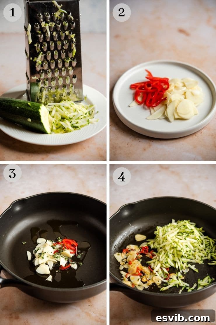 Step by step photos for making cavatelli pasta sauce with broccoli: Grated zucchini, sliced garlic, and chili preparation