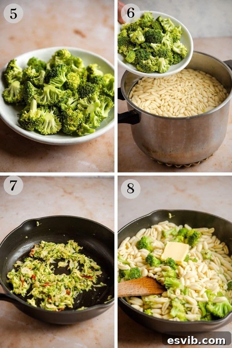 Step by step photos for making cavatelli and broccoli pasta: Adding pasta and broccoli to the pan, and finishing with butter and parmesan