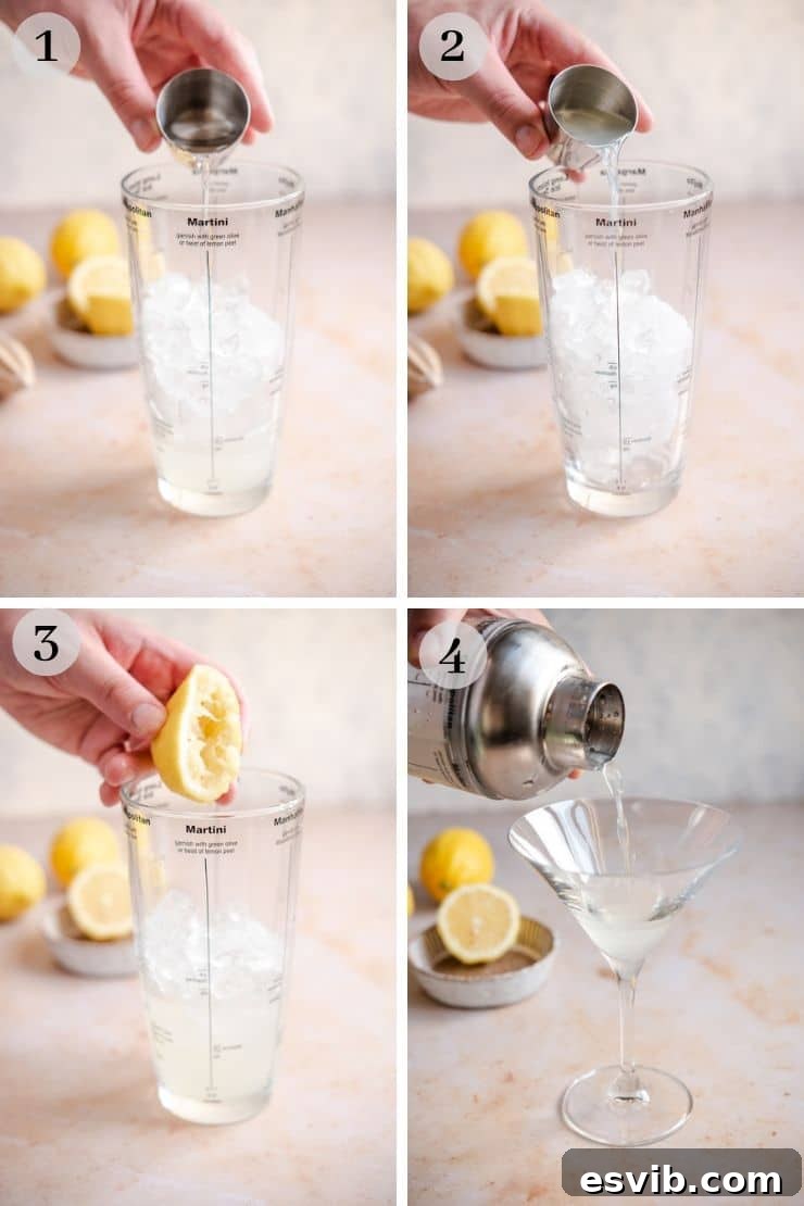 Step-by-step photographic guide showing the process of adding Limoncello, vodka, simple syrup, and lemon juice into a cocktail shaker filled with ice.
