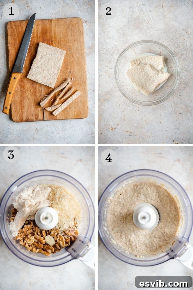 Step-by-step photos illustrating the preparation of creamy Italian walnut sauce: soaking bread and blending ingredients.