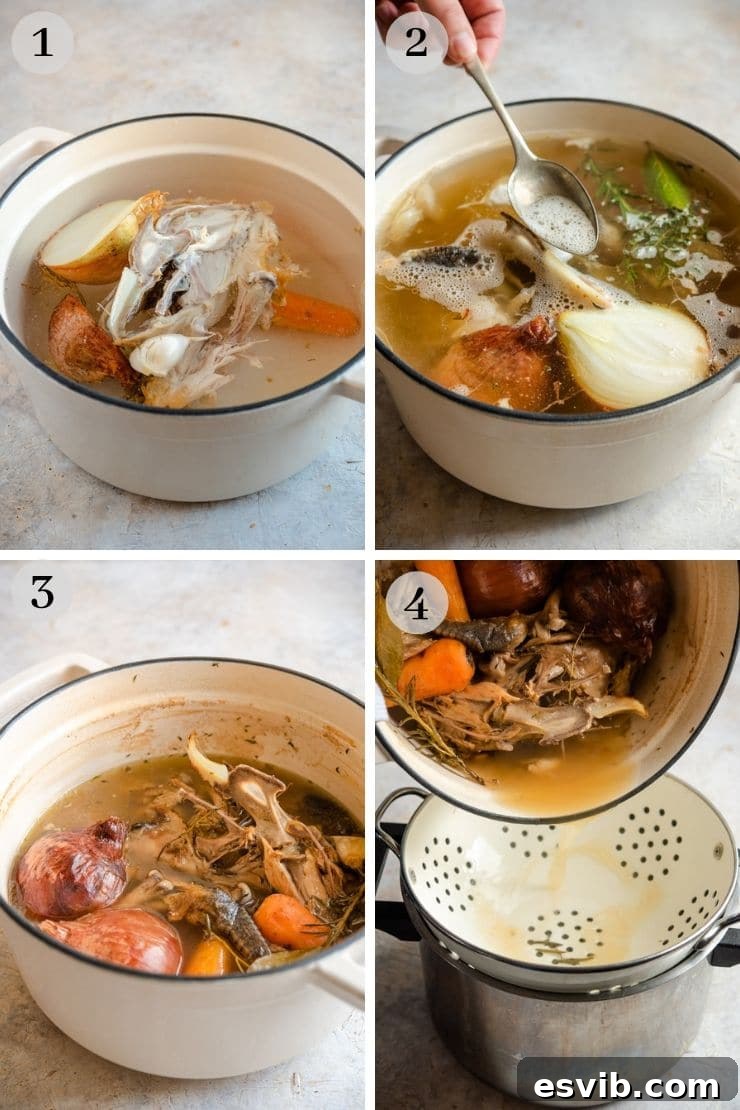 Italian Pastina Chicken Noodle Soup 3 A step-by-step visual guide to making chicken stock, showing a pot filled with chicken bones and vegetables, then simmering with foam being skimmed, and finally the rich, clear broth.