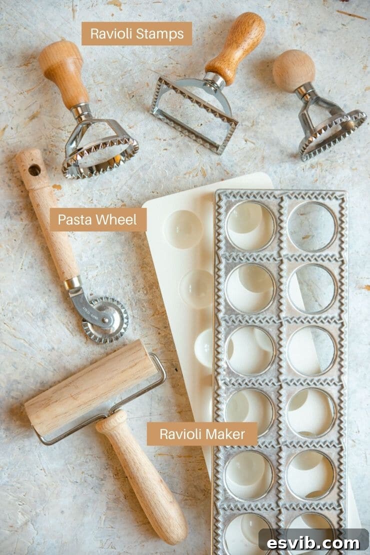 A photo showing various tools used to make homemade ravioli, including a pasta machine, ravioli wheels, and stamps