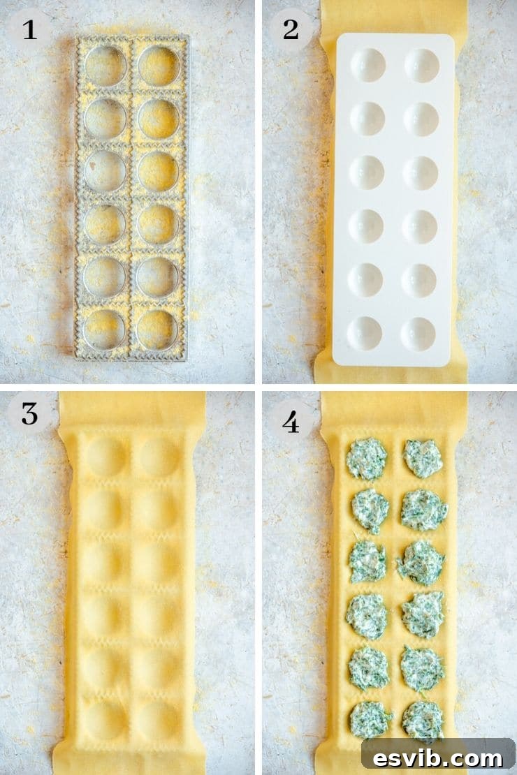 Photos showing how to use a ravioli maker tray to create perfect pasta pockets