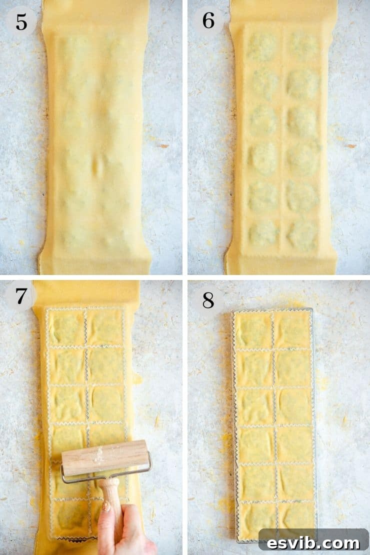 Step by step photos showing how to fill and seal ravioli using a ravioli maker