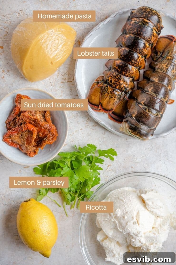 Decadent Lobster Ravioli with Velvety Vodka Sauce 3 A photo of all the fresh ingredients needed to make lobster ravioli filling