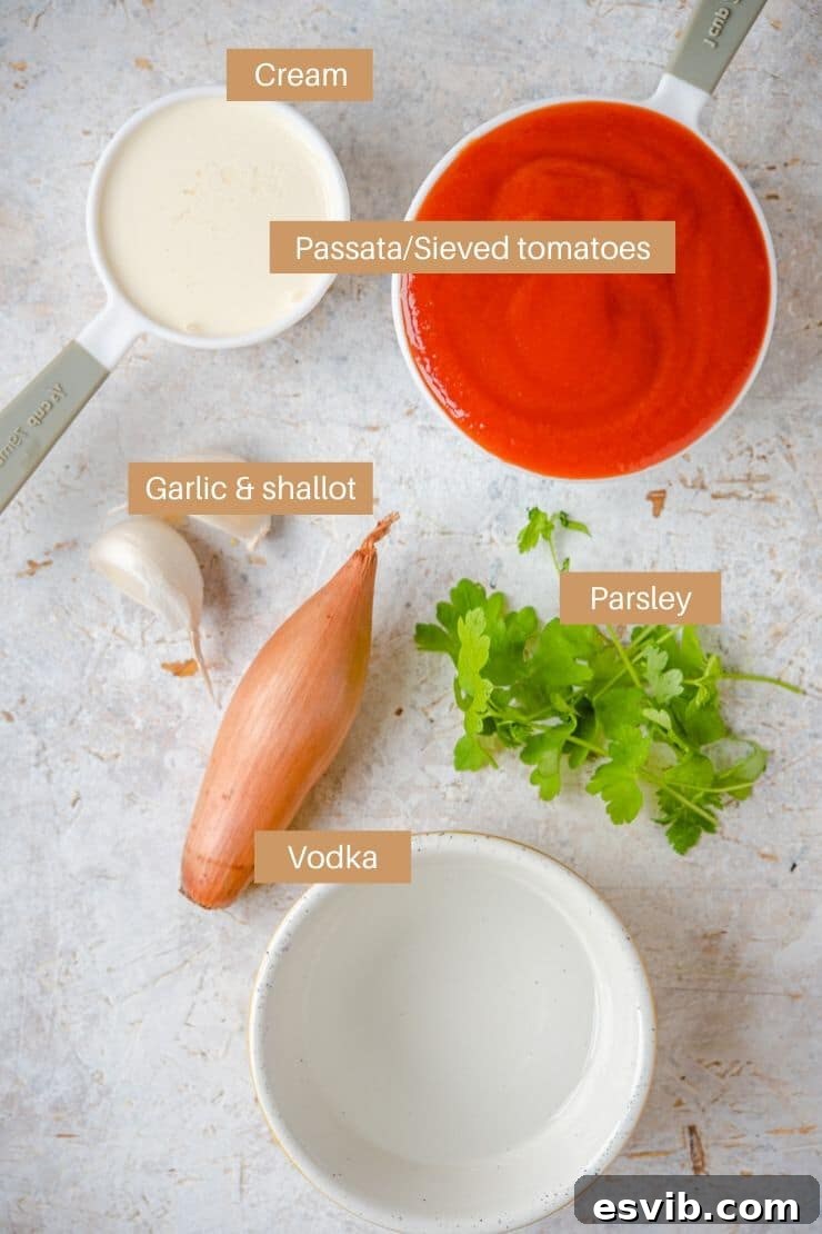 Decadent Lobster Ravioli with Velvety Vodka Sauce 4 A photo of all the fresh ingredients needed to make creamy vodka sauce