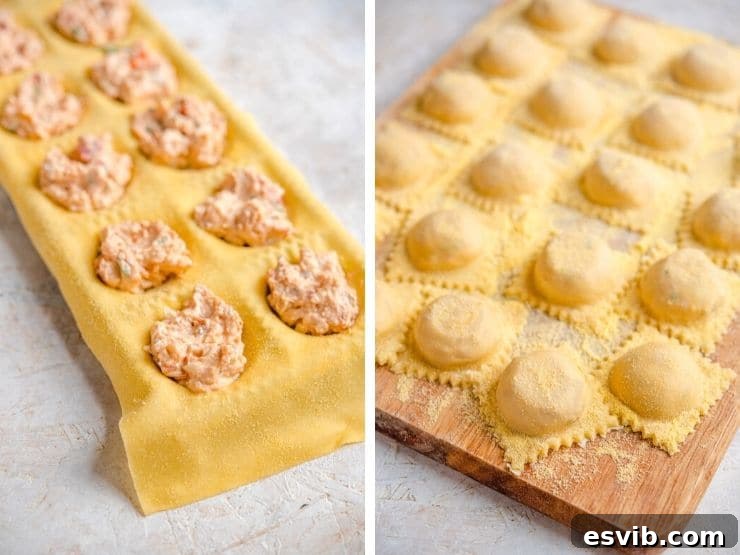 Decadent Lobster Ravioli with Velvety Vodka Sauce 7 Two photos showing how to fill and seal lobster ravioli, highlighting the homemade pasta