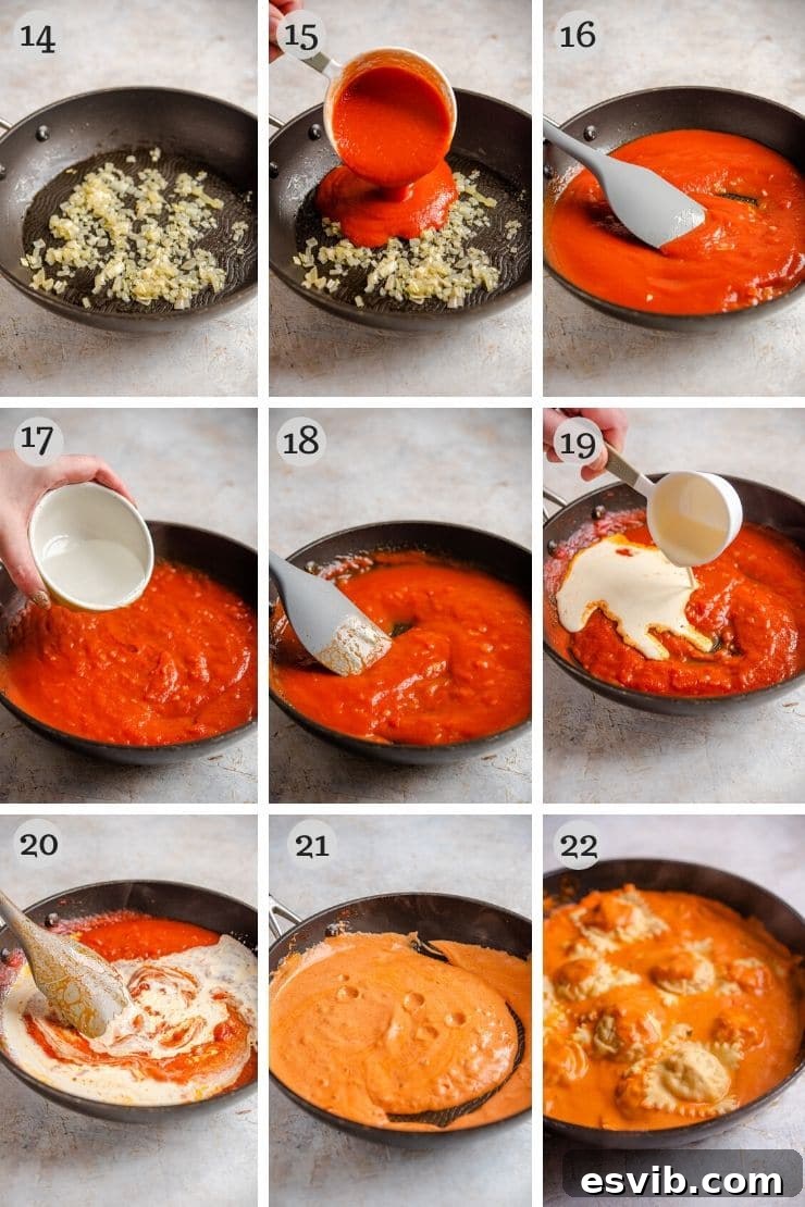 Decadent Lobster Ravioli with Velvety Vodka Sauce 8 Step-by-step photos for making vodka cream sauce, showing sautéing and simmering