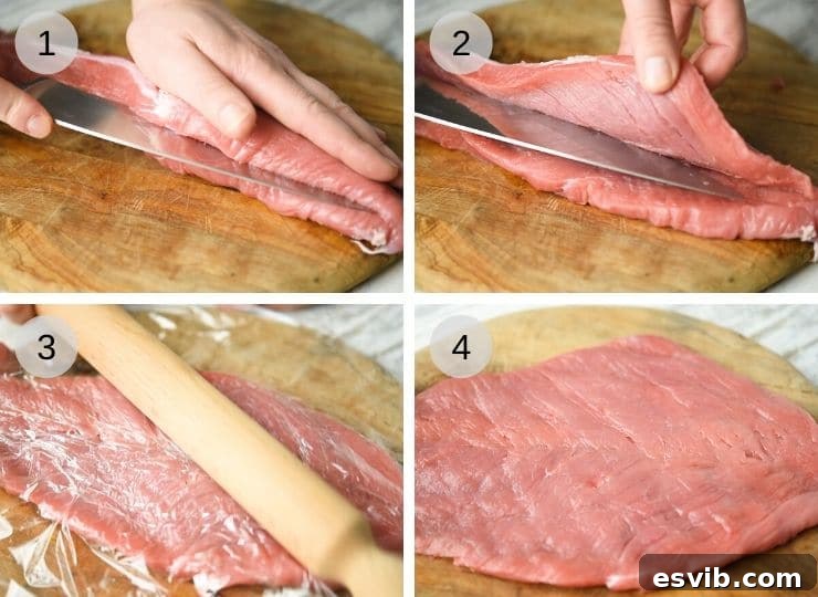 Step-by-step photos illustrating the butterflying process for a pork tenderloin, showing the initial cut, opening like a book, and flattening for stuffing.