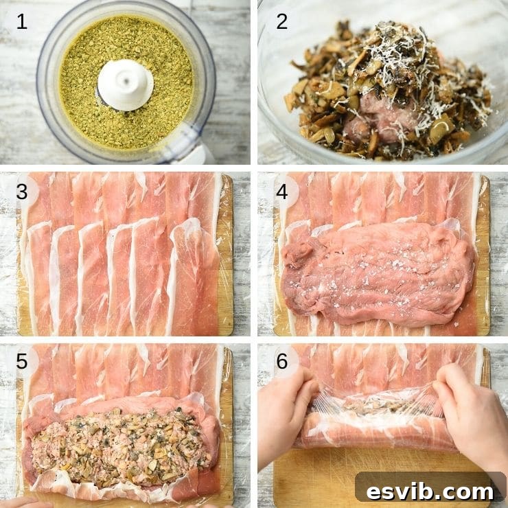 Detailed step-by-step photos illustrating the assembly process of stuffing a butterflied pork tenderloin with sausage and mushrooms, then preparing to roll it.