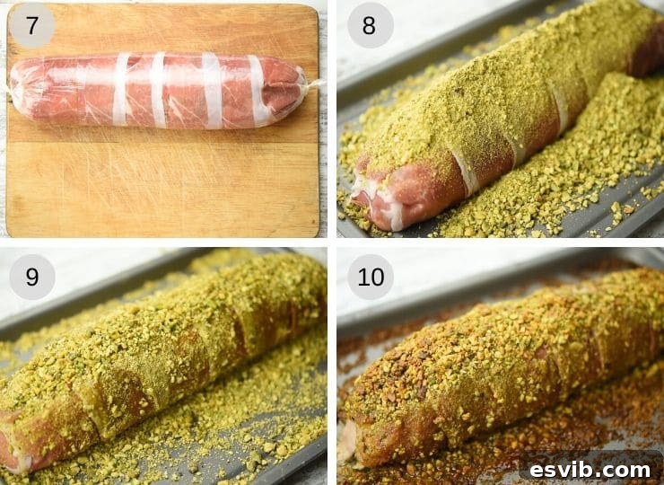 Step-by-step photos demonstrating the final stage of preparing the stuffed pork tenderloin, showing it being rolled in crushed pistachios and ready for roasting.