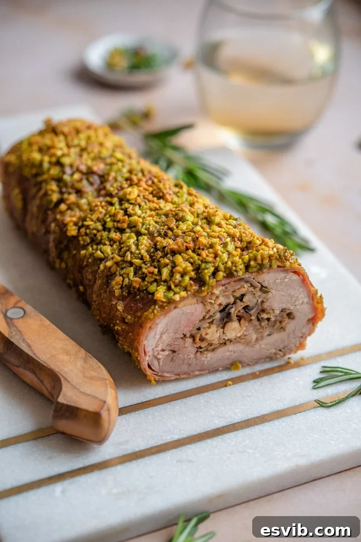 A perfectly roasted whole Stuffed Pork Tenderloin resting on a wooden cutting board, ready to be sliced and served.