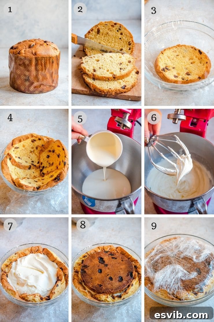 Step by step photos showing how to slice panettone and line a bowl with plastic wrap and panettone slices for a Christmas ice cream cake.