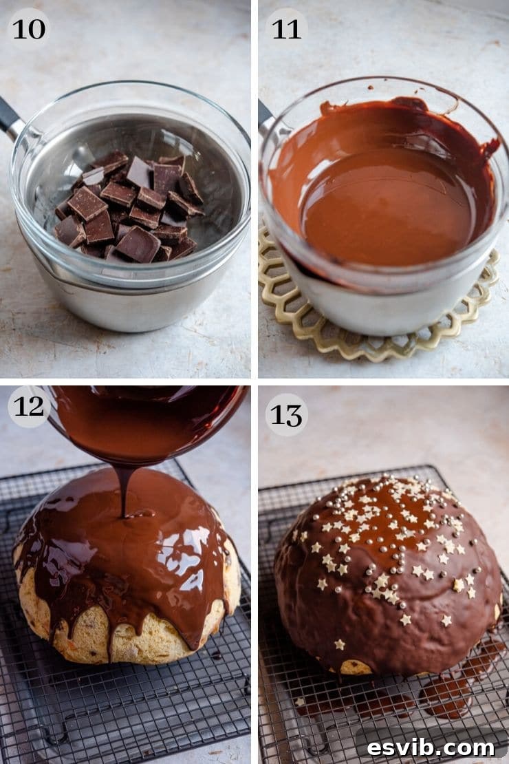 Step by step photos showing how to melt chocolate and pour it over an inverted Christmas ice cream cake, then decorate with sprinkles.