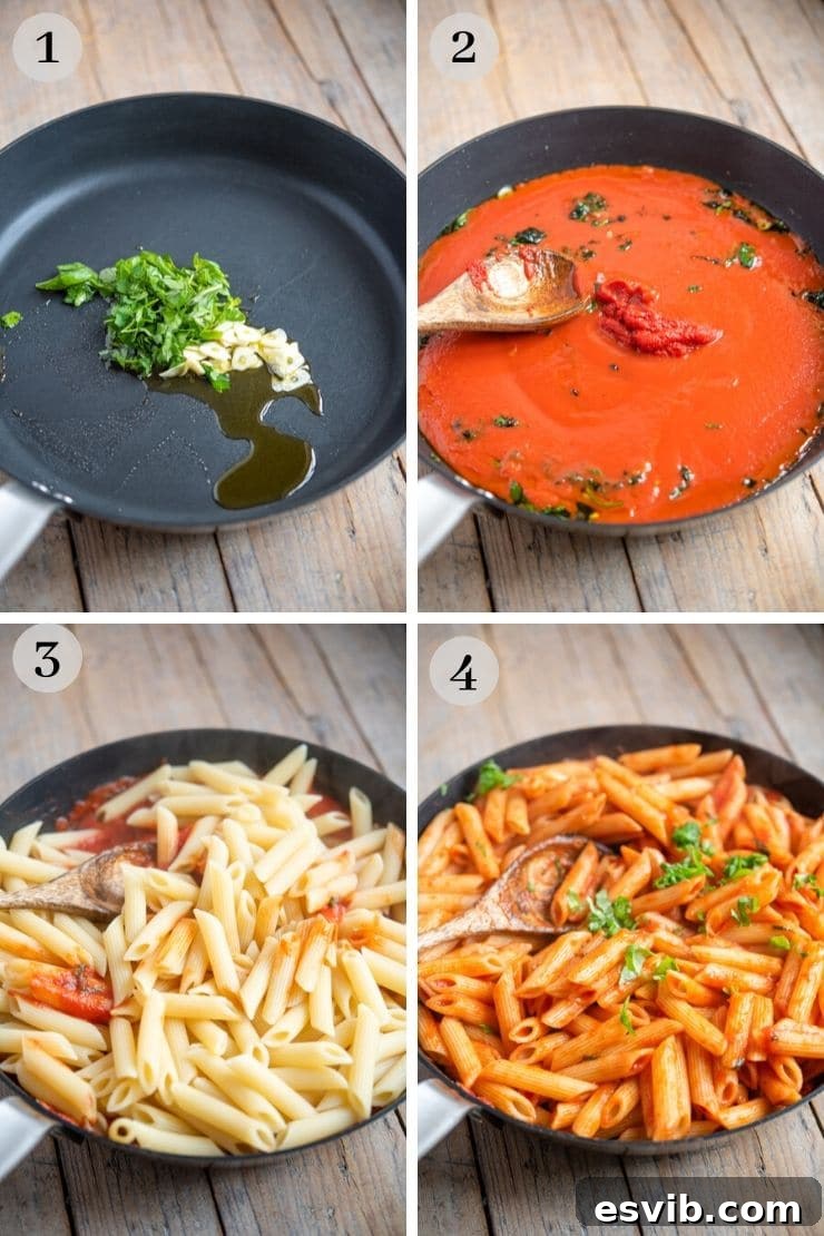Step by step photos showing how to make penne pomodoro - garlic and herbs sautéing