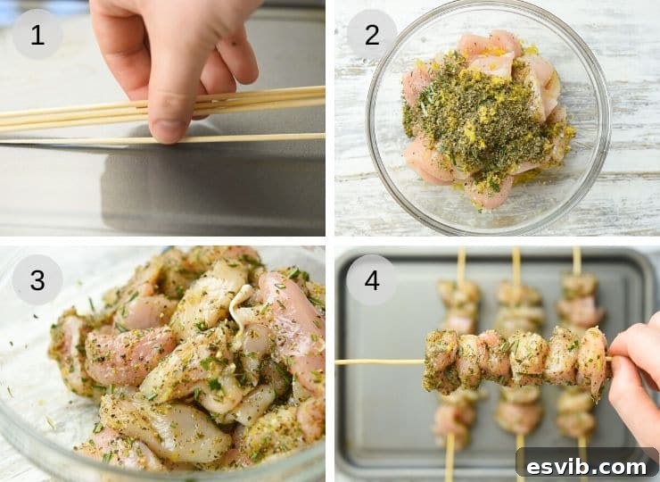 Chicken Spiedini Preparation Steps Step-by-step photos illustrating the preparation of chicken spiedini, from soaking skewers to marinating the chicken.