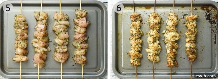 From Raw to Grilled: Chicken Spiedini Transformation Two sequential photos showing raw chicken pieces being threaded onto skewers, followed by the same skewers after being perfectly grilled and browned.