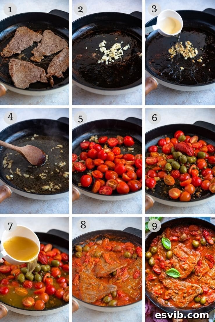 Steak Pizzaiola Preparation Steps Step-by-step photos illustrating the preparation of Steak Pizzaiola, from searing steak to simmering sauce