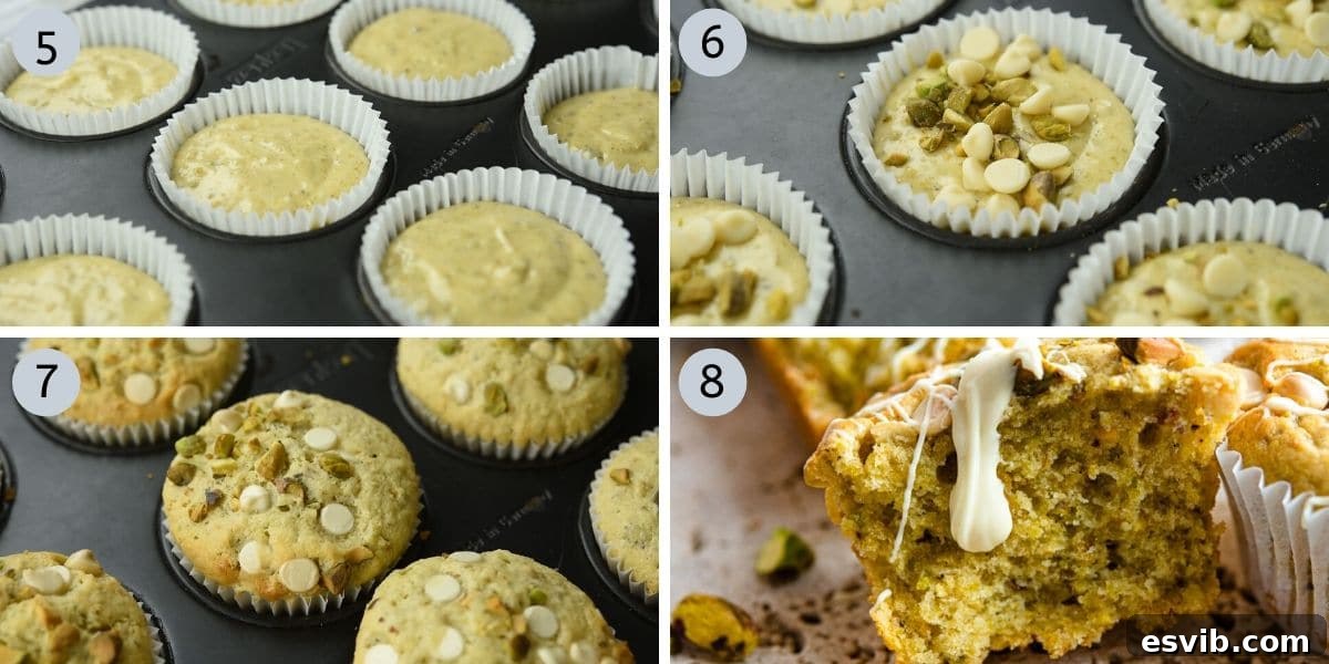 Four images demonstrating the process of filling muffin cases and baking pistachio muffins.