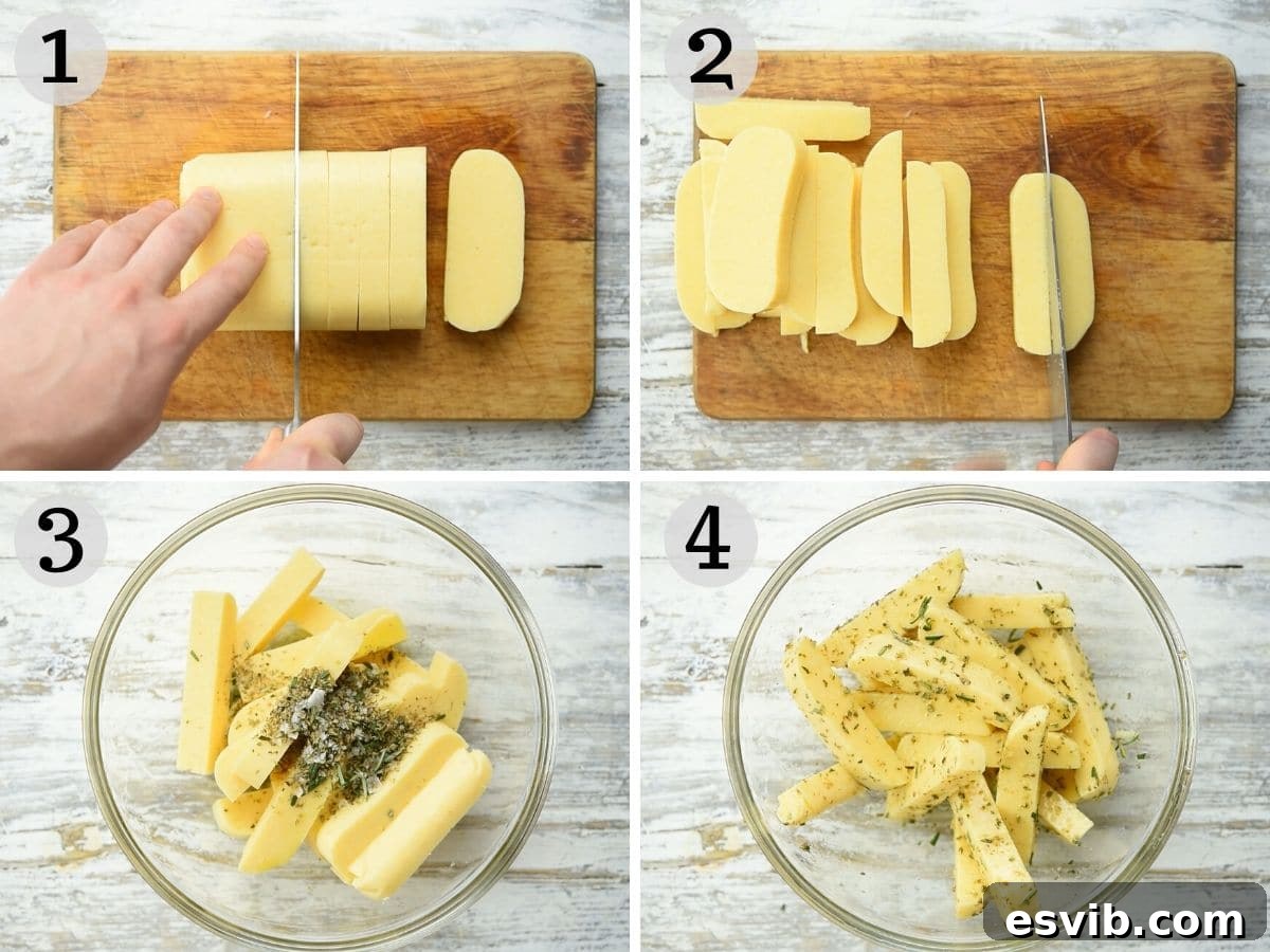 A sequence of photos showing the preparation of polenta fries using pre-cooked polenta, from slicing to seasoning.