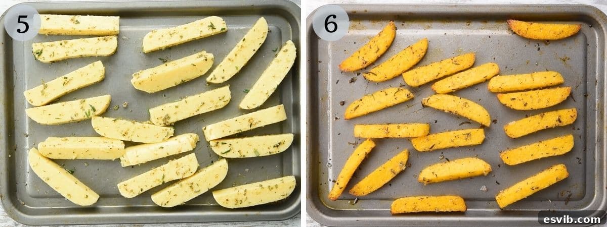 A two-part image depicting polenta fries before baking (pale) and after baking (golden and crispy).