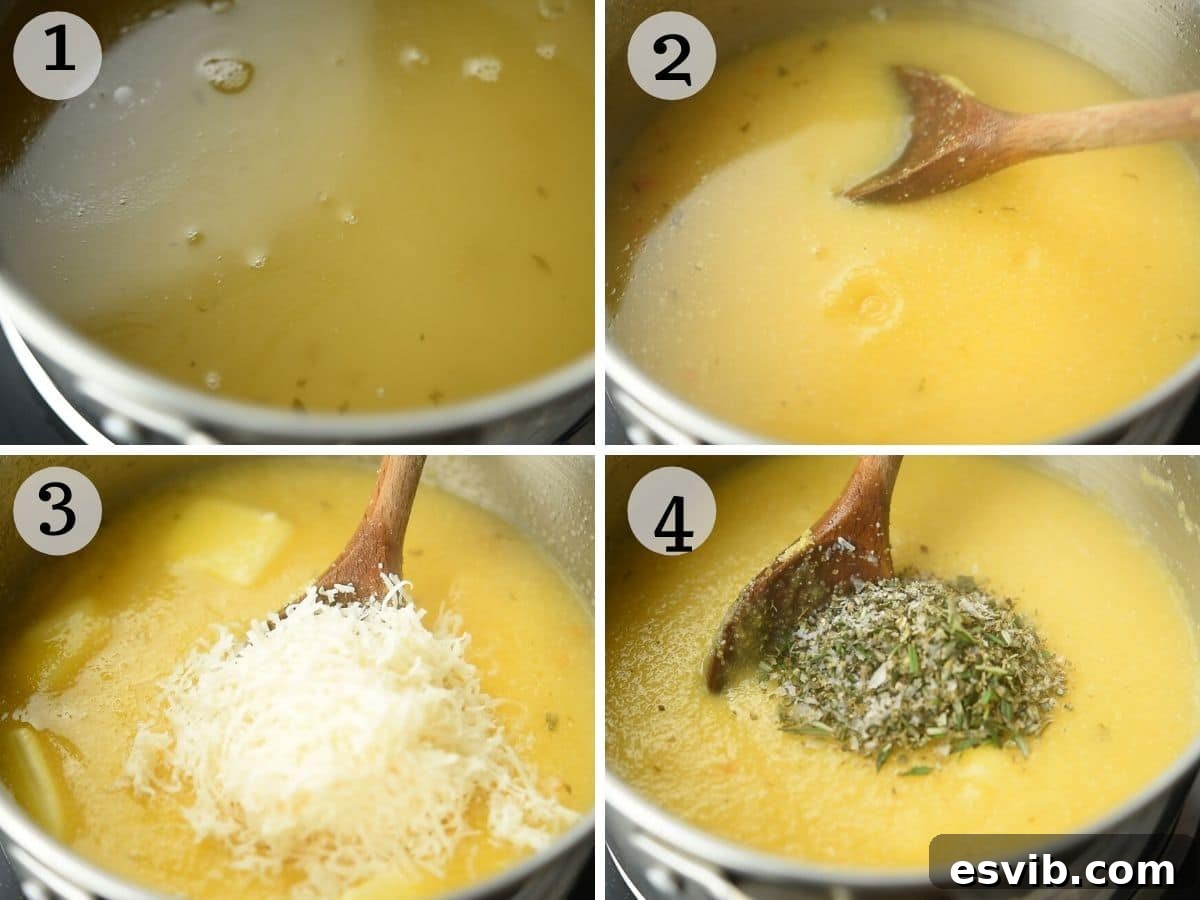 A sequence of images demonstrating how to cook quick-cook polenta, pour it into a dish, and let it set.