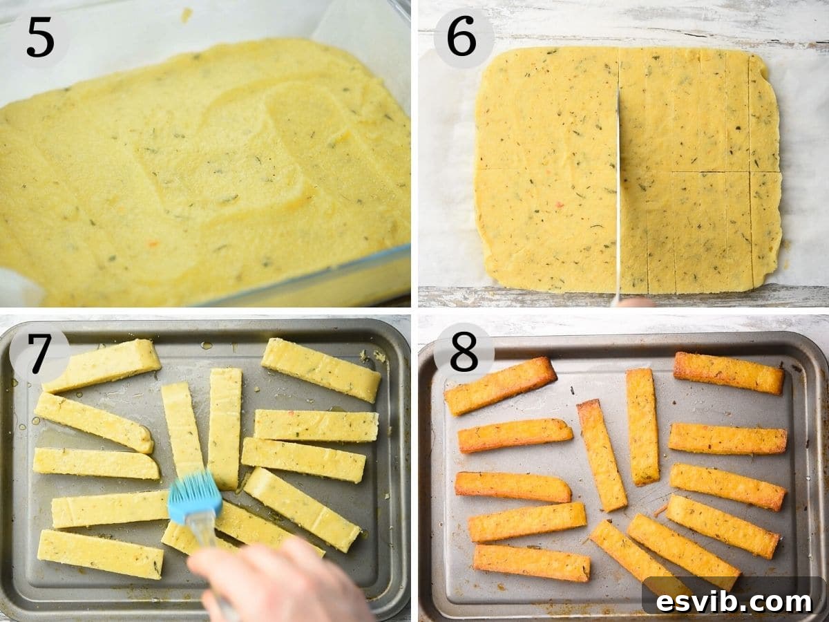 A set of images showing the process of cutting chilled polenta into fries and then baking them until crispy.