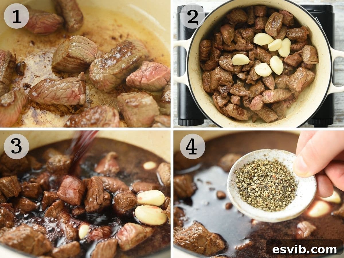 Step by step photos showing how to make Tuscan red wine beef stew