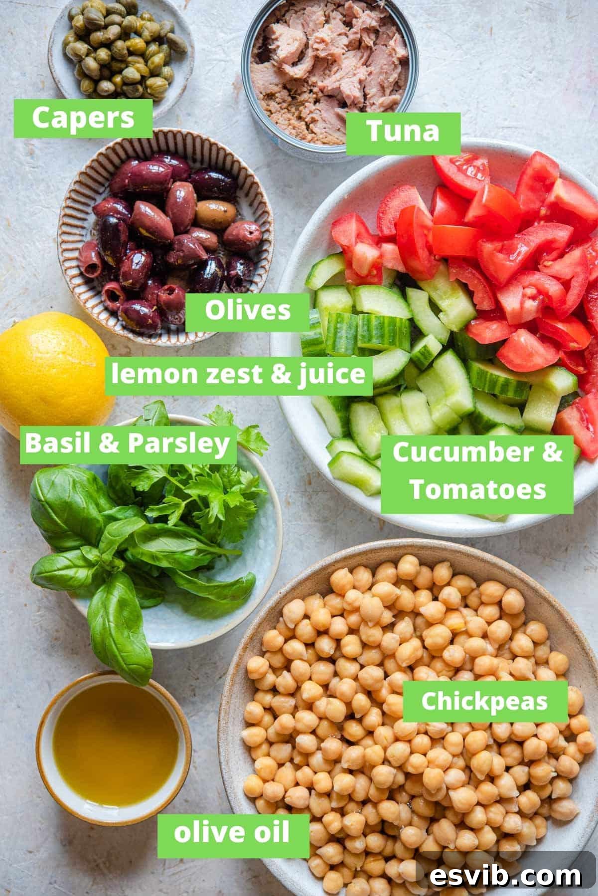An overhead shot displaying all the fresh ingredients neatly arranged for making a chickpea tuna salad, including canned chickpeas, tuna, various vegetables, and herbs.