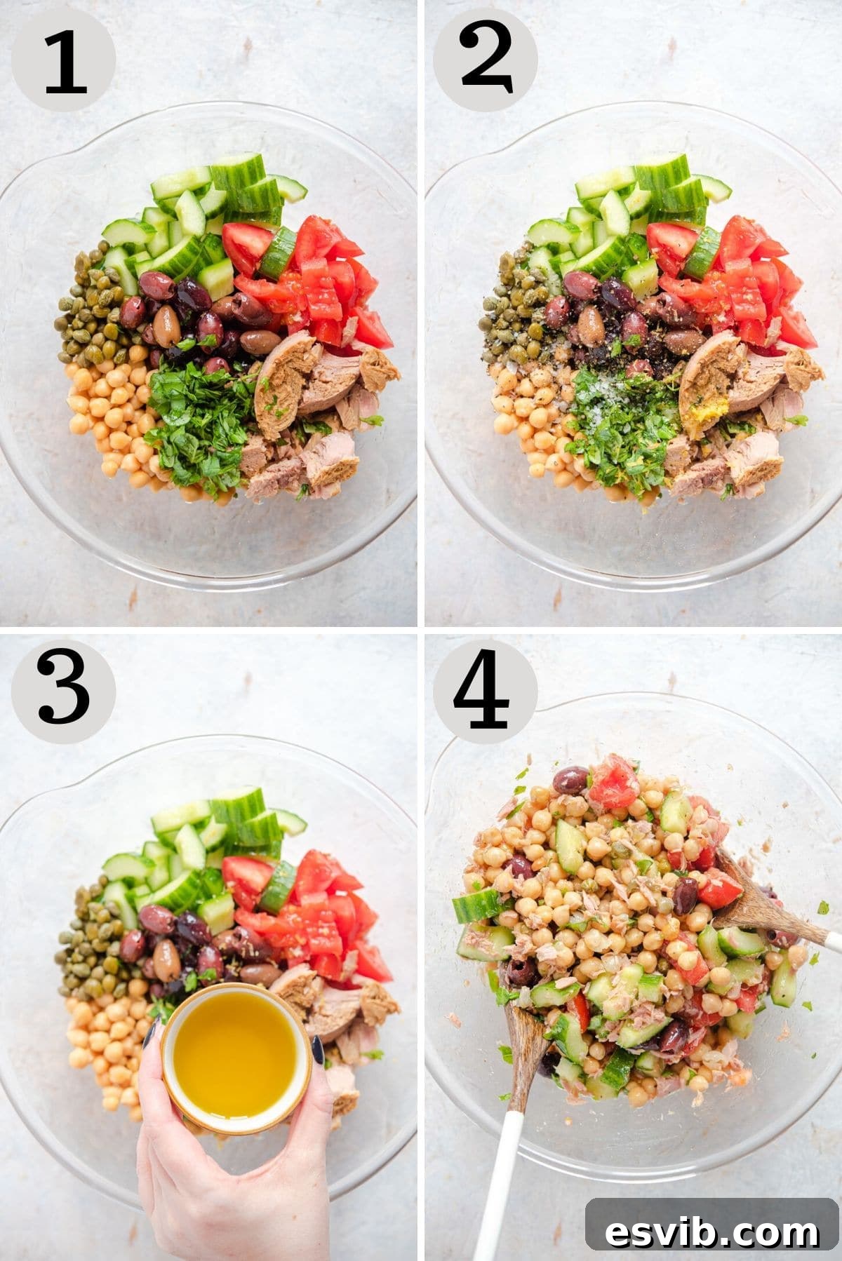 A sequence of step-by-step photos illustrating the process of making a chickpea tuna salad, from combining ingredients to the final mix.