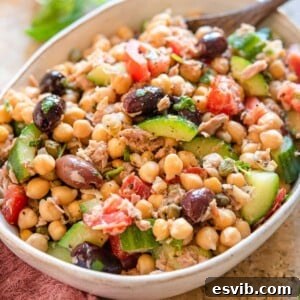 A square image of the finished Chickpea Tuna Salad, ready to be served.