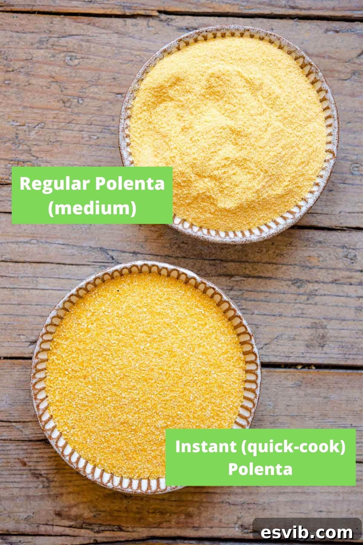 An overhead shot showing the distinct difference in granule size between medium ground and coarse cornmeal, illustrating options for polenta