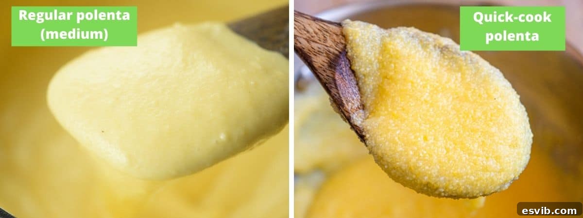 Two side-by-side photos comparing the creamy texture of cooked regular polenta with the grainier consistency of quick cook polenta