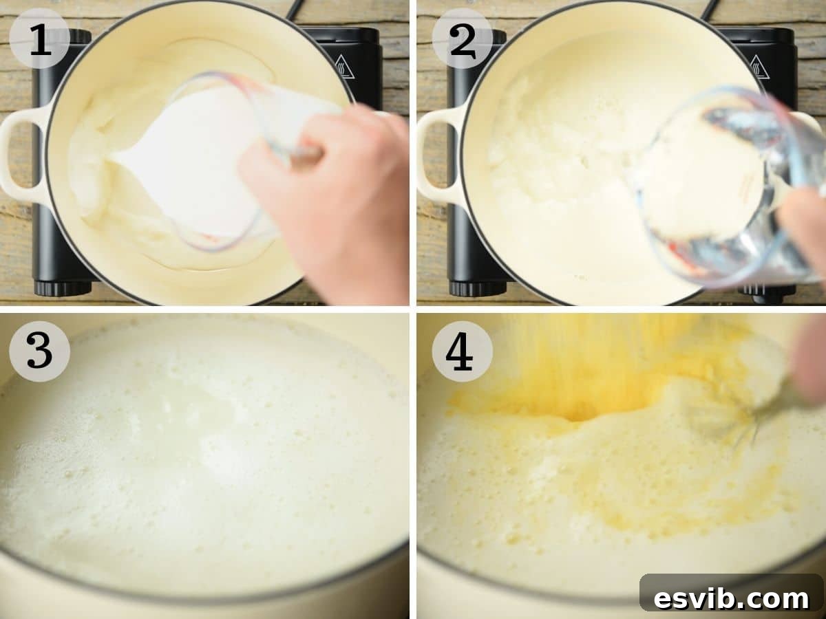 Step by step photos showing how to prepare cornmeal, mixing it into liquid in a saucepan