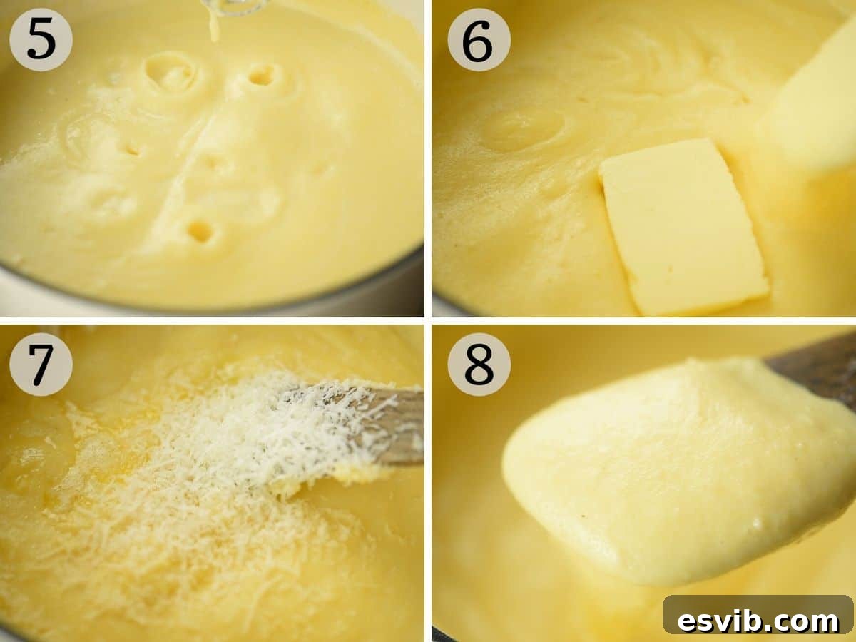 Step by step photos showing how to make creamy polenta, adding butter and cheese at the end