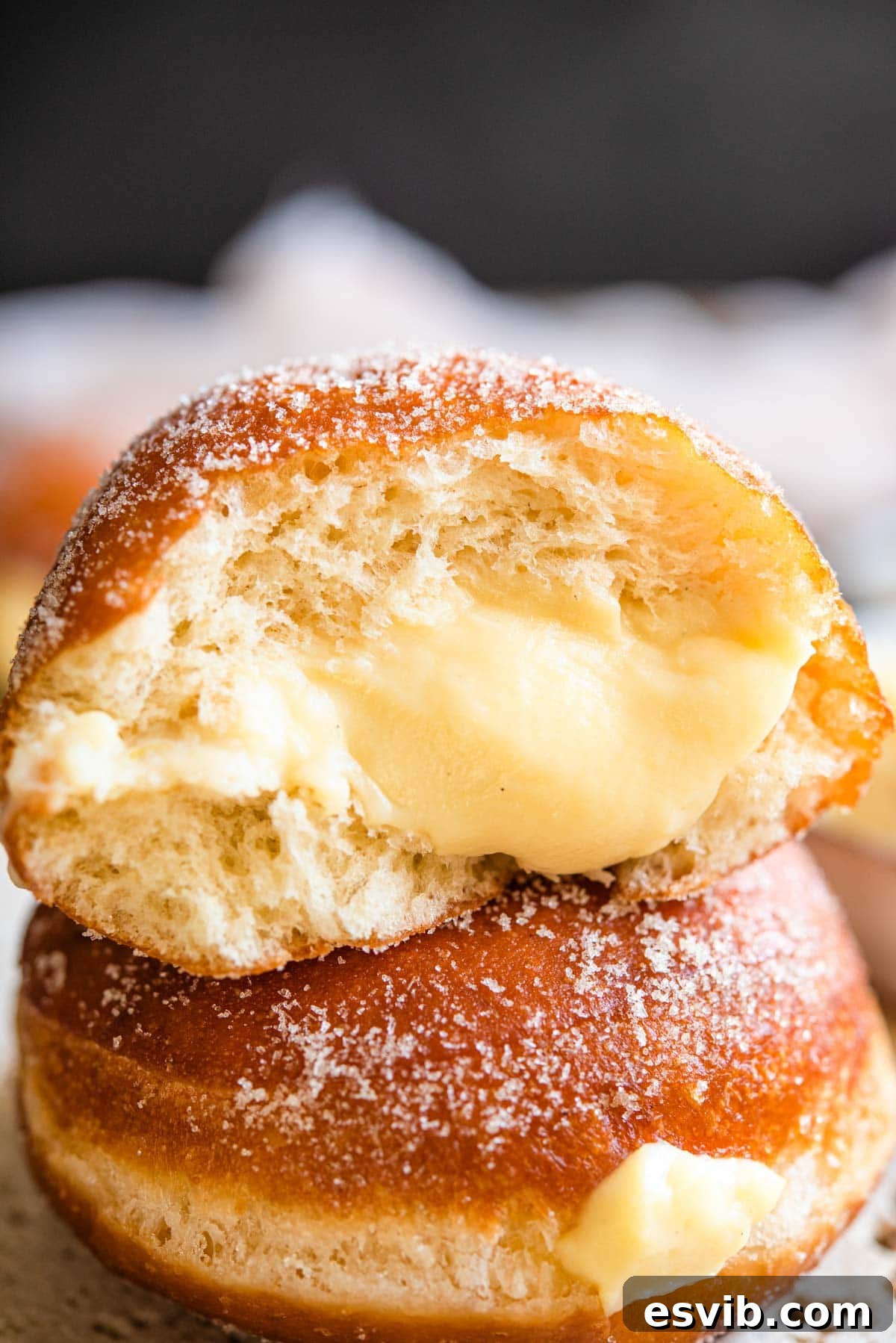 Bomboloni Italian Fried Pastry Bliss 11 A close-up shot of an Italian bomboloni doughnut cut in half, revealing its generous and creamy pastry cream filling.