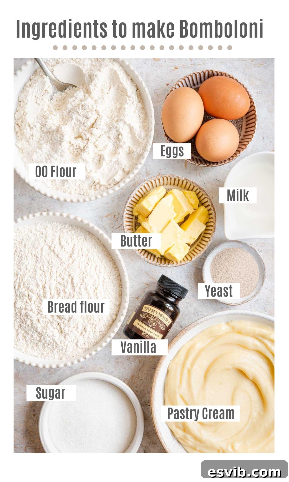 Bomboloni Italian Fried Pastry Bliss 3 An overhead shot of all the ingredients laid out on a rustic surface, ready to make Bomboloni doughnuts.