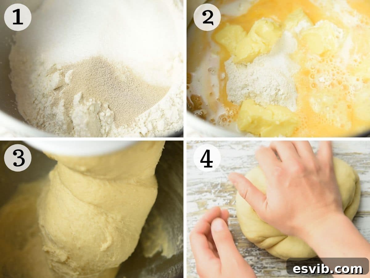 Bomboloni Italian Fried Pastry Bliss 4 Step-by-step photos showing how to prepare the bomboloni doughnut dough in a stand mixer, from combining ingredients to forming a smooth ball.