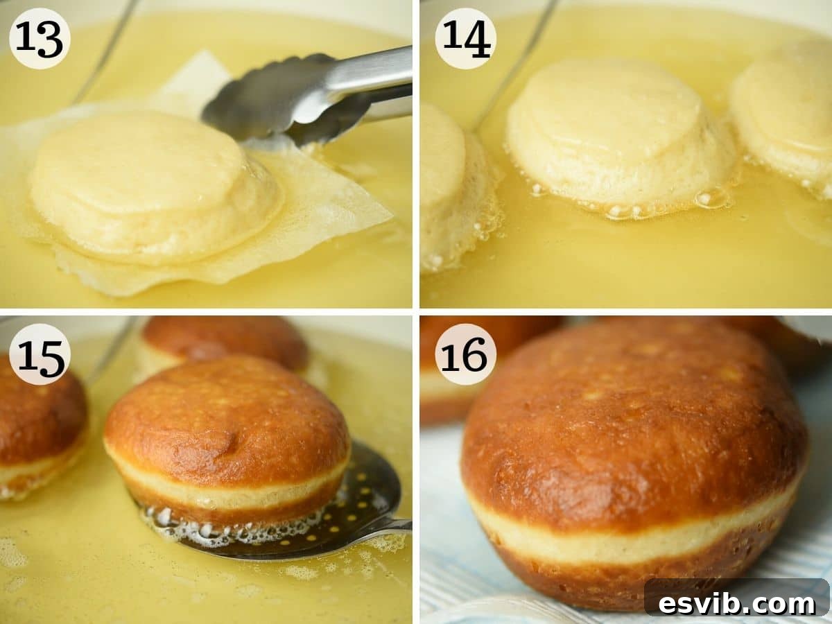 Bomboloni Italian Fried Pastry Bliss 7 Step-by-step photos showcasing the frying process of bomboloni doughnuts, from dropping them into oil to turning them golden.