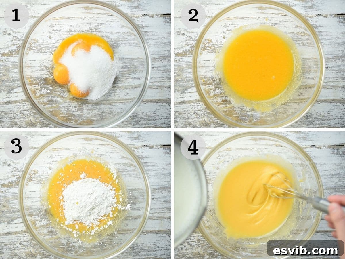 Bomboloni Italian Fried Pastry Bliss 9 Step-by-step photos demonstrating the initial stages of making Italian pastry cream, including combining ingredients.