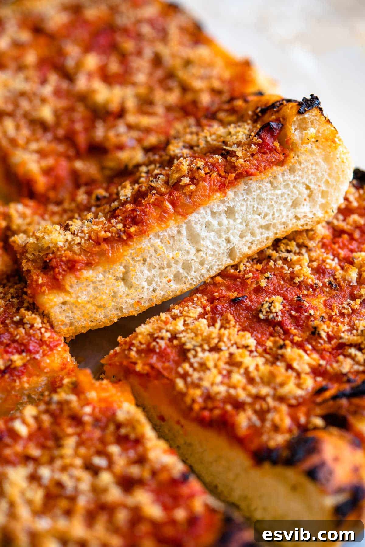 Lo Sfincione The Sicilian Pizza 3 A tantalizing side shot of a thick, light, and airy Sicilian pizza crust generously topped with rich tomato sauce, highlighting its unique texture.