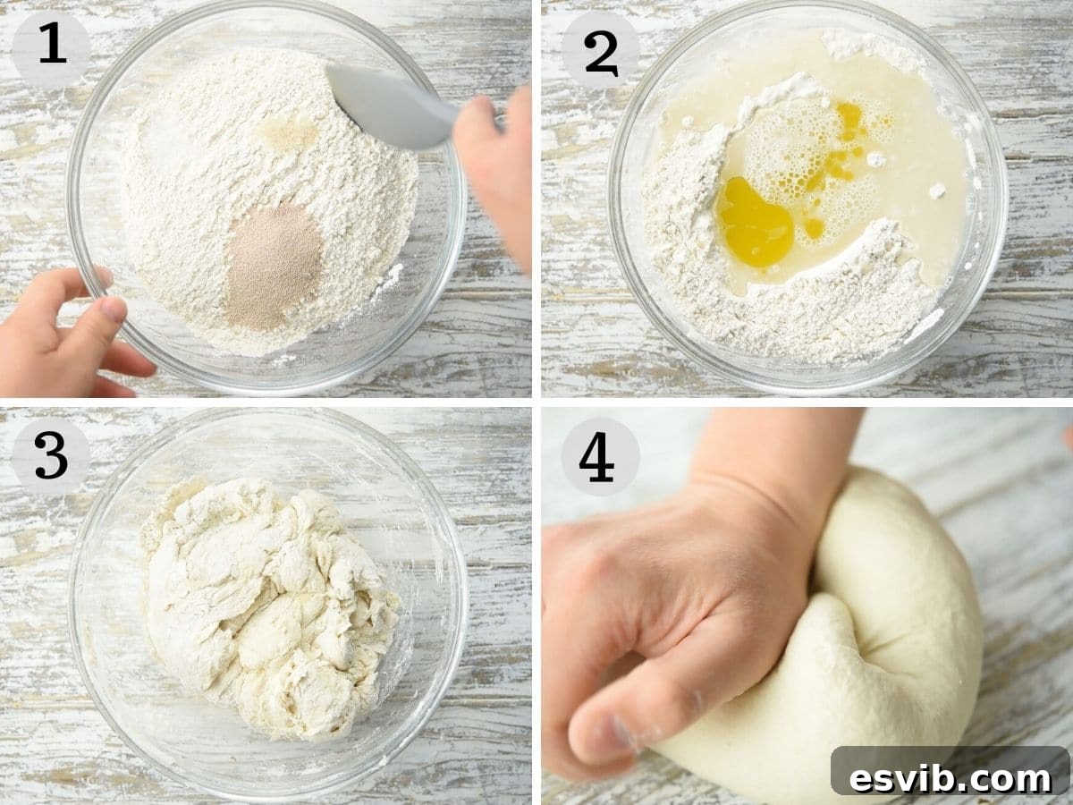 Lo Sfincione The Sicilian Pizza 4 Step-by-step photos illustrating the initial stages of preparing Sicilian pizza dough, showing dry ingredients mixed and wet ingredients added to form a well.