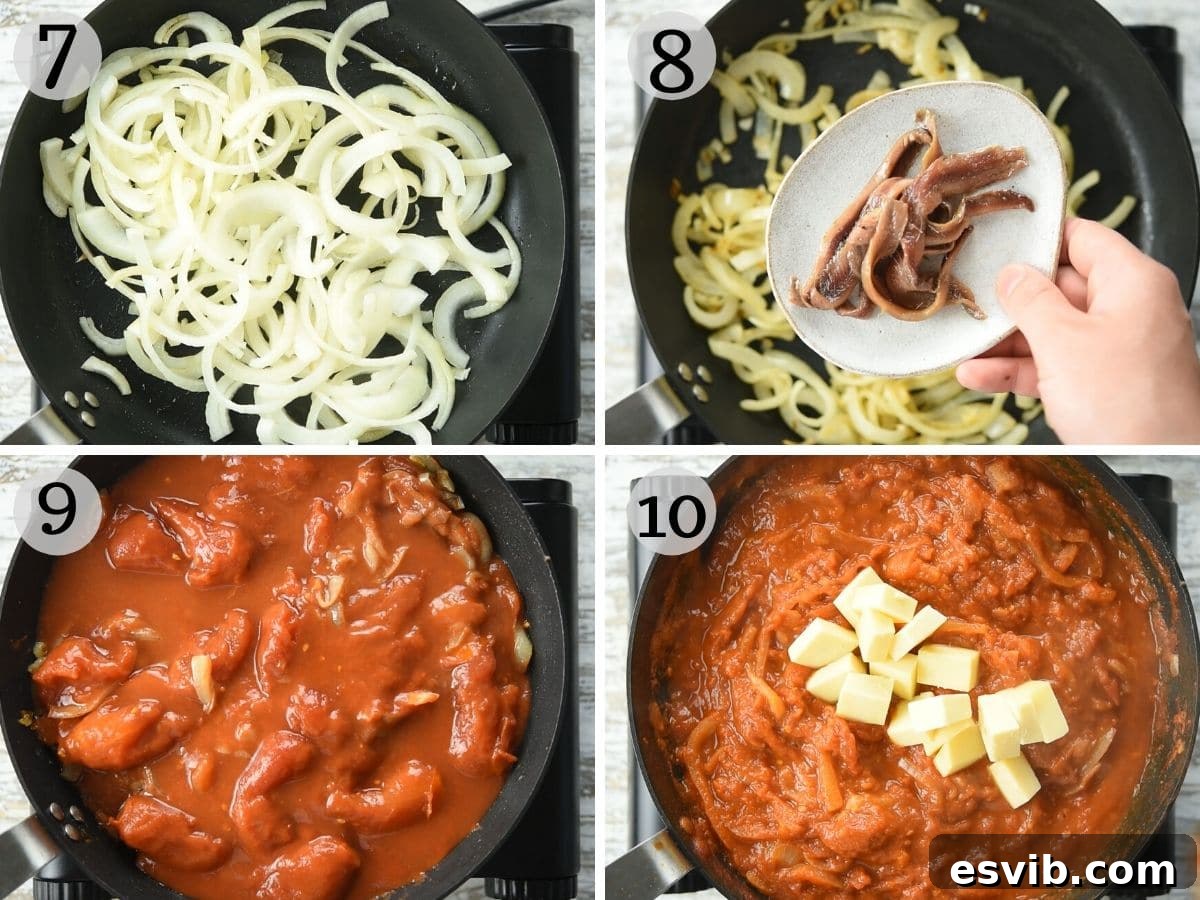 Lo Sfincione The Sicilian Pizza 6 Step-by-step photos demonstrating the process of making the rich and savory Sicilian pizza sauce, from sautéing onions to adding anchovies and tomatoes.
