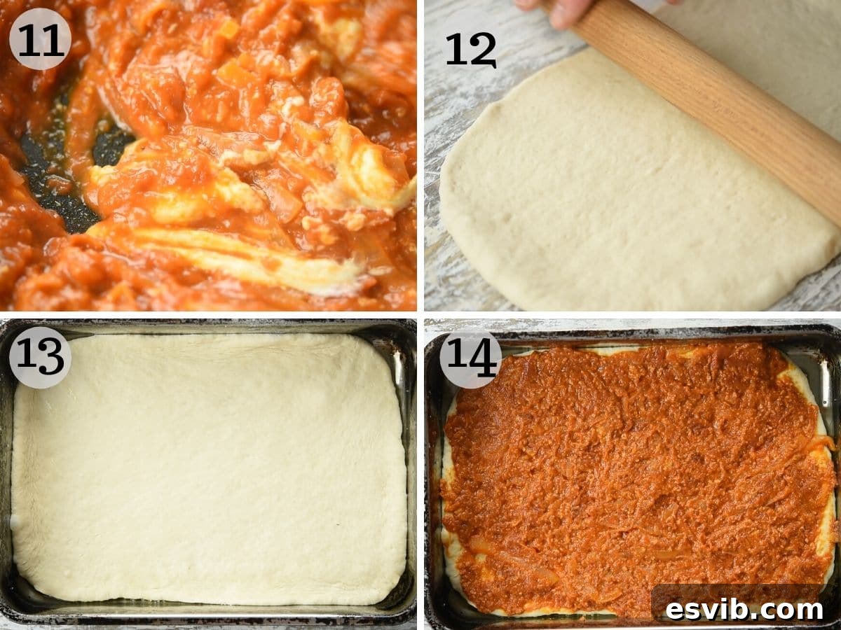 Lo Sfincione The Sicilian Pizza 7 Step-by-step photos illustrating the technique for rolling out Sicilian pizza dough into a perfect rectangle, ready for the baking tray.