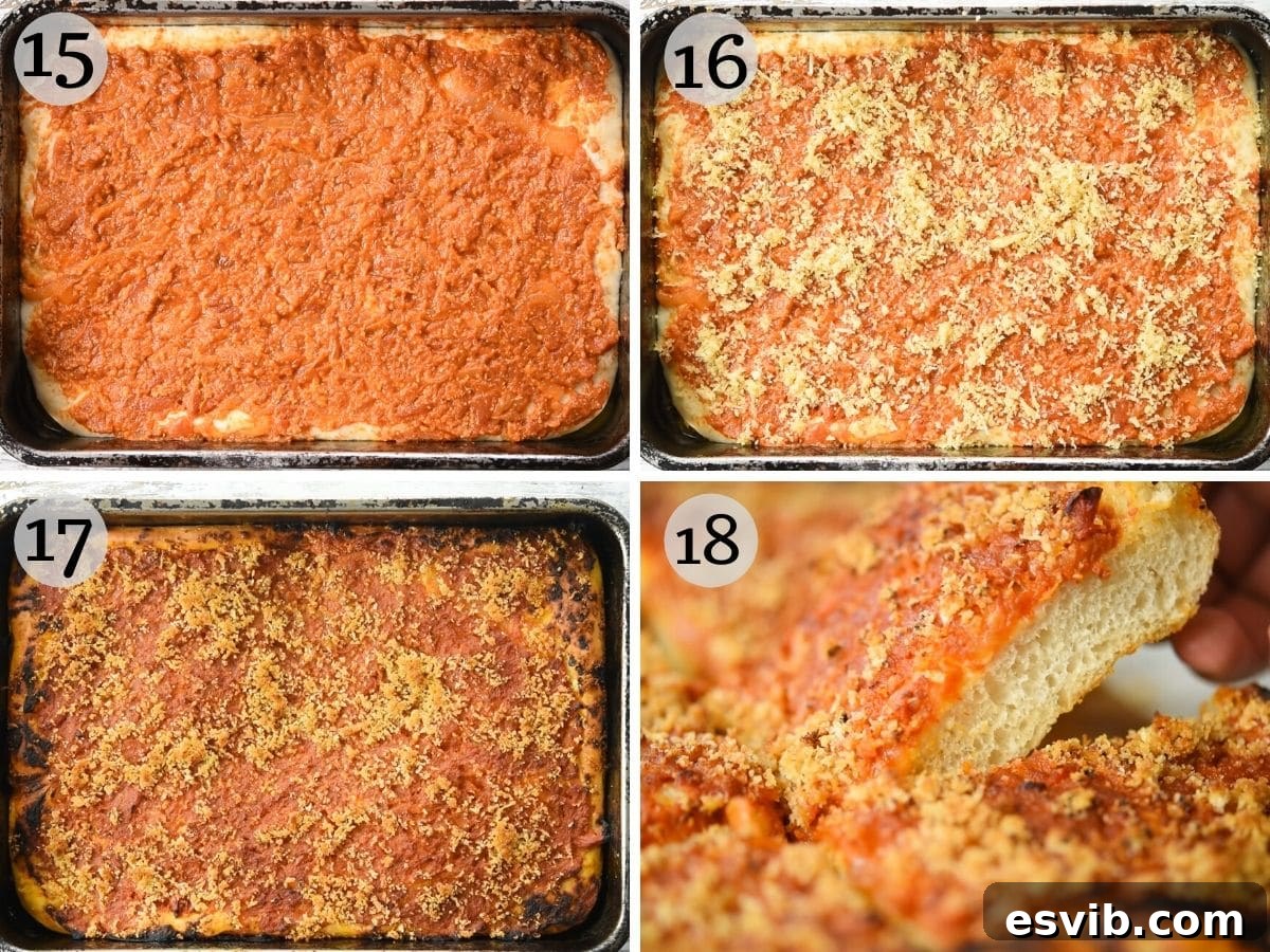 Lo Sfincione The Sicilian Pizza 8 Step-by-step photos showcasing the final assembly of Sicilian pizza, with sauce being spread to the edges and the breadcrumb topping applied before baking.