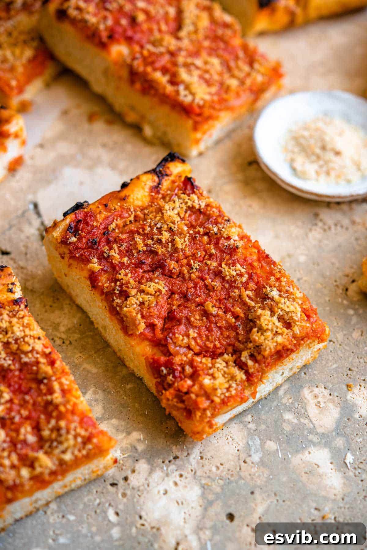 Lo Sfincione The Sicilian Pizza 9 A close-up shot of a perfect slice of Sicilian pizza, showcasing its thick, airy crust, rich sauce, and crunchy breadcrumbs, with additional breadcrumbs scattered on the side.