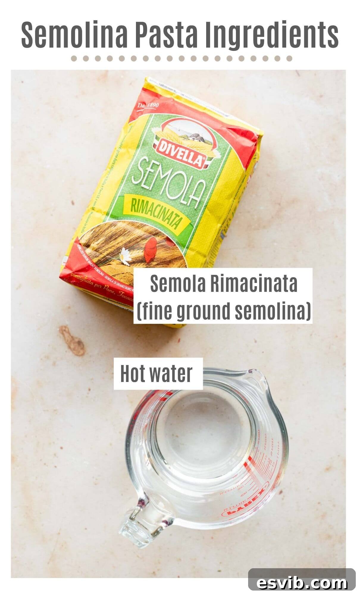 Overhead shot displaying all the essential ingredients for making semolina pasta dough: a bowl of Semola Rimacinata flour and a glass of hot water.
