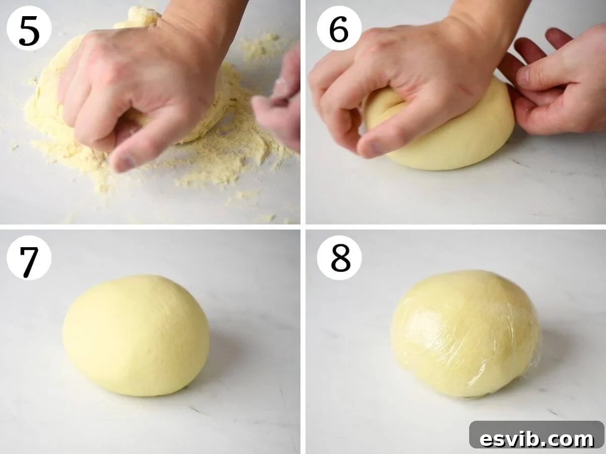 Step-by-step photos demonstrating the kneading process for semolina pasta dough, showing the transformation from a rough mixture to a smooth, elastic ball.