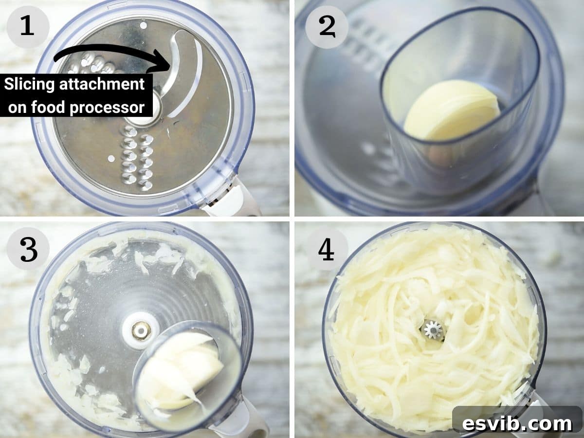 Step by step photos showing how to slice onions in a food processor